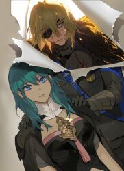 Rule 34 | 1boy, 1girl, backlighting, blonde hair, blood, blood on clothes, blood on face, blue eyes, byleth (female) (fire emblem), byleth (fire emblem), dimitri alexandre blaiddyd, embers, expressionless, eyepatch, fire emblem, fire emblem: three houses, garreg mach monastery uniform, glowing, glowing eyes, hand on another&#039;s shoulder, highres, korean commentary, long hair, looking at viewer, nintendo, one eye covered, pleasebemine00, short hair