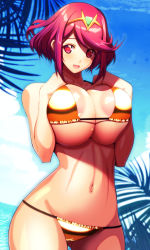 Rule 34 | 1girl, bikini, breasts, highres, large areolae, large breasts, navel, open mouth, pyra (xenoblade), rakko (r2), red eyes, red hair, short hair, solo, swept bangs, swimsuit, tiara, xenoblade chronicles (series), xenoblade chronicles 2, yellow bikini