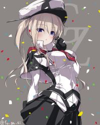 Rule 34 | 1girl, arm behind back, black gloves, black pantyhose, black skirt, blonde hair, blue eyes, breasts, capelet, celtic knot, commentary request, confetti, cowboy shot, cross, fugafugashi, gloves, graf zeppelin (kancolle), grey background, hair between eyes, hat, highres, iron cross, jacket, kantai collection, large breasts, military hat, miniskirt, necktie, one-hour drawing challenge, pantyhose, peaked cap, sidelocks, simple background, skirt, solo, twintails, white hat