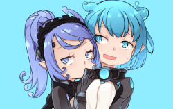 Rule 34 | 2girls, black gloves, black hairband, blue background, blue eyes, blue hair, blue theme, blvefo9, commentary request, covered mouth, frilled hairband, frills, gloves, hairband, high collar, high ponytail, jacket, long hair, long sleeves, looking at viewer, multiple girls, open mouth, original, pointy ears, ponytail, purple eyes, purple hair, simple background, sweat, upper body, white jacket