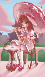 Rule 34 | 1girl, alternate costume, bad deviantart id, bad id, bow, breasts, brown eyes, brown hair, chair, corruption, cup, dress, embodiment of scarlet devil, fang, gloves, hair bow, hakurei reimu, hat, hat bow, hat ribbon, high heels, highres, long sleeves, mary janes, medium hair, medium skirt, parasol, red bow, reimu scarlet, ribbon, ribbon trim, scarlet devil mansion, shoes, sitting, skirt, small breasts, smile, table, teacup, touhou, umbrella, uyrfavourite, waist bow, white dress, white gloves, white headwear, white legwear