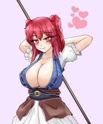 Rule 34 | 1girl, absurdres, breasts, cleavage, closed mouth, coin, collarbone, commentary request, hair bobbles, hair ornament, heart, highres, huge breasts, looking at viewer, medium hair, obi, onozuka komachi, pink background, red eyes, sash, short sleeves, simple background, smile, solo, sugar you, touhou, two side up