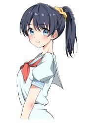 Rule 34 | 1girl, blue eyes, blue hair, blush, closed mouth, commentary, dark blue hair, djpwjd1, dress, from side, hair ornament, hair scrunchie, hasu no sora school uniform, high ponytail, highres, link! like! love live!, looking at viewer, looking to the side, love live!, medium hair, murano sayaka, neckerchief, red neckerchief, sailor collar, sailor dress, school uniform, scrunchie, short sleeves, simple background, smile, solo, summer uniform, virtual youtuber, white background, white dress, white sailor collar, yellow scrunchie