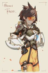 Rule 34 | 1girl, bodysuit, breasts, brown hair, commentary request, deel (rkeg), gloves, goggles, hand on own hip, highres, jacket, overwatch, overwatch 1, short hair, sketch, smile, solo, spiked hair, tracer (overwatch)