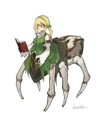 Rule 34 | 1girl, arachne, arthropod girl, arthropod limbs, artist name, blonde hair, book, bow, breasts, detached sleeves, extra eyes, frilled shirt, frills, green vest, hair between eyes, hair bow, holding, holding book, insect girl, lansane, long sleeves, looking at viewer, medium breasts, monocle, monster girl, multiple legs, original, ponytail, shirt, solo, spider girl, taur, vest, white background, wide sleeves, yellow eyes