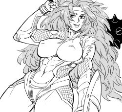 Rule 34 | 1girl, bb (baalbuddy), big hair, bracer, breasts, commentary, covered abs, covered erect nipples, cowboy shot, elbow gloves, english commentary, gloves, greyscale, headband, highres, holding, holding shield, holding weapon, impossible clothes, impossible leotard, large breasts, leotard, long hair, looking at viewer, mace, monochrome, navel, queen&#039;s blade, risty (queen&#039;s blade), shield, simple background, smile, solo, spiked mace, spikes, standing, taimanin (series), taimanin suit, toned, very long hair, weapon, white background