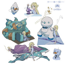 Rule 34 | 1girl, blonde hair, blue eyes, braid, commentary, creature, creatures (company), crossover, disney, eiscue, eiscue (ice), elsa (frozen), english commentary, frozen (disney), frozen 2, galarian darmanitan, galarian darmanitan (standard), galarian form, game freak, gen 2 pokemon, gen 5 pokemon, gen 8 pokemon, golurk, highres, legendary pokemon, long hair, multiple views, nintendo, pokemon, pokemon (creature), ponytail, signature, simple background, standing, startboii, suicune, toxel, twitter username, vanillite, white background
