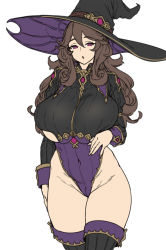 Rule 34 | 1girl, :o, black hat, black thighhighs, breasts, brown hair, covered navel, cowboy shot, flat color, hair between eyes, hat, highres, houtengeki, huge breasts, large hat, leotard, long hair, long sleeves, looking at viewer, open mouth, original, purple eyes, purple leotard, simple background, solo, thighhighs, thighs, white background, witch hat