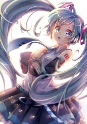 Rule 34 | 1girl, :o, aqua eyes, aqua hair, aqua necktie, backlighting, bare shoulders, belt, black skirt, black sleeves, bloom, commentary, cowboy shot, detached sleeves, grey shirt, hair ornament, hand on own chest, hatsune miku, hayayon, headphones, highres, long hair, looking at viewer, miniskirt, necktie, open mouth, own hands together, pleated skirt, shirt, shoulder tattoo, skirt, sleeveless, sleeveless shirt, solo, tattoo, twintails, very long hair, vocaloid, white background