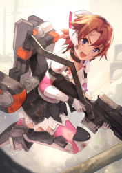 Rule 34 | 1girl, armor, assassin (danball senki), backpack, bag, breasts, choker, commentary request, commission, cowengium, danball senki, dirty, dirty clothes, dirty face, elbow gloves, exoskeleton, gloves, gun, headset, highres, looking at viewer, mecha musume, miniskirt, orange hair, pink thighhighs, pixiv commission, purple eyes, rifle, riko (soukou musume senki), short hair, skirt, small breasts, sniper rifle, solo, soukou musume senki, thighhighs, weapon, white gloves