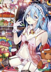 Rule 34 | 1girl, absurdres, artist name, black thighhighs, blue eyes, blue hair, breasts, choker, cleavage, cream, cream on face, food, food on face, garter straps, gloves, hair between eyes, hat, headdress, highres, holding, indoors, lingerie, long hair, looking at viewer, nana kagura, navel, negligee, original, panties, red hat, red ribbon, ribbon, ribbon-trimmed panties, santa hat, sitting, small breasts, smile, solo, stomach, striped clothes, striped thighhighs, stuffed animal, stuffed toy, teddy bear, thighhighs, tongue, tongue out, underwear, underwear only, vertical-striped clothes, vertical-striped thighhighs, white gloves, white panties