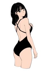 Rule 34 | 1girl, back cutout, bare back, black hair, black one-piece swimsuit, closed mouth, clothing cutout, cropped legs, dot mouth, flat color, from behind, green eyes, highres, looking at viewer, medium hair, one-piece swimsuit, original, sakamoto giulietta, simple background, solo, standing, swimsuit, white background