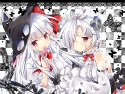 Rule 34 | 2girls, ahoge, animal hat, azur lane, black hat, black skirt, blush, bolt (hardware), border, bow, bowtie, bug, butterfly, center frills, checkered background, closed mouth, commentary request, detached sleeves, erebus (azur lane), frills, hair over one eye, hands in opposite sleeves, hat, head tilt, heart, holding, holding heart, insect, kurun (kurun777), lace, lace border, long hair, looking at viewer, multiple girls, ornate border, pink eyes, red neckwear, shirt, short hair, silver hair, skirt, terror (azur lane), torn clothes, torn hat, very long hair, white shirt