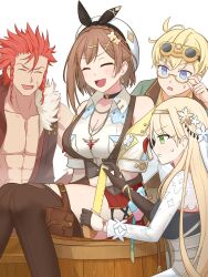 Rule 34 | 2boys, 2girls, atelier (series), atelier ryza, atelier ryza 3, belt, blonde hair, blush, braid, breast pocket, breasts, brown belt, brown gloves, brown hair, brown thighhighs, brown vest, choker, cleavage, closed eyes, clover hair ornament, collared shirt, crown braid, dangle earrings, earrings, ewai, glasses, gloves, hair ornament, highres, jewelry, key, key necklace, klaudia valentz, large breasts, leather, leather belt, leather gloves, lent marslink, measuring, medium breasts, multiple boys, multiple bracelets, multiple girls, multiple necklaces, necklace, pocket, red hair, red shorts, reisalin stout, round eyewear, semi-rimless eyewear, shirt, short shorts, shorts, single glove, sleeveless, sleeveless jacket, star (symbol), star choker, star earrings, star necklace, tao mongarten, thighhighs, thighs, topless male, vest, white headwear, x hair ornament