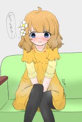 Rule 34 | 1girl, ahoge, between legs, black pantyhose, blue eyes, blush, brown hair, couch, dress, embarrassed, female focus, flat chest, floral print, flower, hair flower, hair ornament, hand between legs, have to pee, highres, idolmaster, idolmaster million live!, indoors, japanese text, knees together feet apart, layered sleeves, long sleeves, looking down, maru (maru 1005), nose blush, open mouth, orange dress, pantyhose, peeing, peeing self, short hair, short over long sleeves, short sleeves, sitting, solo, steam, suou momoko, sweat, tears, thought bubble, translation request, trembling, v arms, wet, wet clothes, white flower