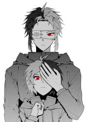 Rule 34 | 2boys, absurdres, closed mouth, commentary request, eyepatch, frown, greyscale, hand over another&#039;s eye, hand up, height difference, highres, hood, hood down, hooded jacket, jacket, jjeom, korean commentary, long sleeves, looking at viewer, male focus, medical eyepatch, monochrome, multicolored hair, multiple boys, mutsushika misumi, nanami izu, parted bangs, red eyes, saibou shinkyoku, screentones, short hair, simple background, spot color, two-tone hair, white background