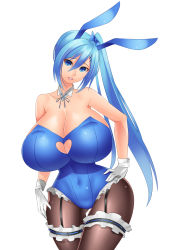 Rule 34 | 1girl, animal ears, bare shoulders, black pantyhose, blue eyes, blue hair, bluespice, breasts, bridal garter, cleavage, cleavage cutout, clothing cutout, collarbone, curvy, detached collar, fake animal ears, female focus, garter straps, gloves, hair ornament, hair ribbon, head tilt, heart, heart cutout, highres, huge breasts, leotard, long hair, looking at viewer, matching hair/eyes, original, pantyhose, playboy bunny, ponytail, rabbit ears, ribbon, side ponytail, simple background, solo, standing, thigh gap, white background, white gloves, wide hips