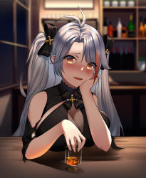 Rule 34 | 1girl, alcohol, alternate costume, antenna hair, azur lane, black dress, blush, bottle, bow, breasts, brown eyes, cleavage, dress, glass, hair between eyes, head tilt, highres, indoors, large breasts, long hair, looking at viewer, mole, mole on breast, multicolored hair, open mouth, prinz eugen (azur lane), prinz eugen (cordial cornflower) (azur lane), red hair, repoi, silver hair, sitting, solo, streaked hair, two side up, very long hair, whiskey