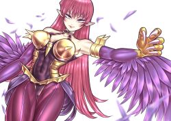 Rule 34 | 1girl, armor, bare shoulders, boobplate, breastplate, breasts, claws, cyber slash harpie lady, duel monster, feathered wings, feathers, goston500, green eyes, hair between eyes, harpie lady, harpy, highres, large breasts, long hair, looking at viewer, monster girl, pink hair, pointy ears, purple feathers, purple wings, see-through, solo, spiked armor, white background, winged arms, wings, yu-gi-oh!