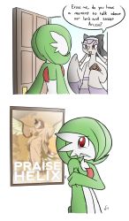 Rule 34 | book, clenched teeth, clothed pokemon, comic, creatures (company), door, english text, fossil, game freak, gardevoir, gen 1 pokemon, gen 3 pokemon, gen 5 pokemon, habit, helix fossil, highres, jewelry, looking back, mienshao, necklace, nintendo, open mouth, parted lips, pidgeot, pokemon, pokemon (creature), poster (object), rakkuguy, red eyes, robe, teeth, twitch plays pokemon