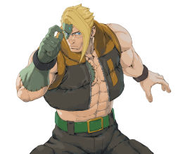 Rule 34 | 1boy, belt, black pants, blonde hair, blue eyes, capcom, charlie nash, glasses, jacket, long hair, looking at viewer, male focus, midriff, muscular, nt (gun-ash), open clothes, open jacket, pants, standing, stitches, street fighter, wristband