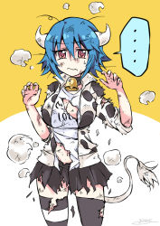 Rule 34 | ..., 1girl, absurdres, bad id, bad pixiv id, black thighhighs, blue hair, breasts, cleavage, closed mouth, cow girl, cow horns, cow tail, hair between eyes, highres, horns, jashin-chan dropkick, large breasts, looking at viewer, messy hair, minos (jashin-chan dropkick), pink eyes, shirt, short hair, solo, speech bubble, spoken ellipsis, sweatdrop, tail, thighhighs, torn clothes, torn shirt, torn thighhighs, yuuki shushu