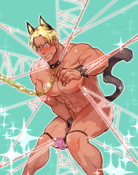 Rule 34 | 10s, 1boy, animal ears, blonde hair, blush, cat boy, cat ears, cat tail, claws, covering privates, covering crotch, gamagoori ira, hair down, kabi yama, kemonomimi mode, kill la kill, male focus, muscular, panties, panty pull, solo, string, string of fate, tail, underwear, wrist cuffs