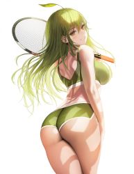 Rule 34 | 1girl, :d, absurdres, ahoge, arm at side, ass, ass focus, bad id, bad twitter id, bare shoulders, blush, bra, breasts, cowboy shot, dolphin shorts, from behind, green bra, green eyes, green hair, green nails, grin, hair between eyes, highres, holding, holding racket, large breasts, leaf, leaf on head, long hair, looking at viewer, looking back, looking to the side, myabit, nail polish, navel, open mouth, original, racket, short shorts, short twintails, shorts, shoulder blades, sidelocks, smile, solo, sports bra, sportswear, standing, teeth, tennis racket, thighs, twintails, underwear, white background