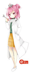 Rule 34 | 1girl, :&gt;, bad id, bad pixiv id, blush, full body, goggles, goggles around neck, green shirt, half updo, hand in pocket, holding, lab coat, loafers, no legwear, pink eyes, pink hair, plaid, plaid skirt, robot, shirt, shoes, simple background, skirt, smile, solo, standing, tsukiyo (skymint), watermark, web address, white background, white footwear, wrench, yellow skirt