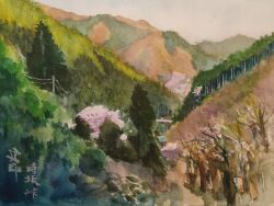 Rule 34 | bare tree, building, forest, highres, landscape, mountain, mountainous horizon, nature, no humans, obanyaki, original, painting (medium), pine tree, rope fence, shed, traditional media, tree, valley, watercolor (medium)