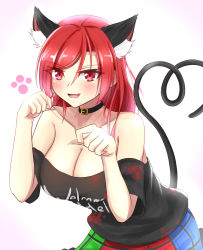 Rule 34 | 1girl, :d, animal ear fluff, animal ears, bad id, bad pixiv id, bare shoulders, black choker, blue skirt, blush, breasts, cat ears, cat tail, choker, cleavage, clothes writing, collarbone, commentary request, cowboy shot, extra ears, eyelashes, fang, fingernails, gradient background, green skirt, hair between eyes, hands up, hanging breasts, heart, heart tail, hecatia lapislazuli, highres, kemonomimi mode, large breasts, leaning forward, long fingernails, long hair, looking at viewer, musteflott419, no headwear, off-shoulder shirt, off shoulder, open mouth, paw pose, paw print, pink background, plaid, plaid skirt, red eyes, red hair, red skirt, shirt, short sleeves, skirt, smile, swept bangs, tail, touhou, upper body, white background