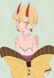 Rule 34 | 1girl, absurdres, alternate hair length, alternate hairstyle, bare shoulders, blonde hair, breasts, facial mark, fate/grand order, fate (series), forehead mark, highres, horns, ibaraki douji (fate), looking at viewer, mame cs5, off shoulder, oni, pointy ears, short hair, small breasts, smile, solo, upper body, yellow eyes