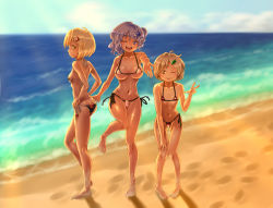 Rule 34 | 3girls, ass, bikini, blonde hair, blue eyes, blue hair, blush, breasts, brown eyes, brown hair, butt crack, elline d, flat chest, gluteal fold, keyhole, large breasts, lunasa prismriver, lyrica prismriver, merlin prismriver, multiple girls, ocean, small breasts, smile, swimsuit, touhou, yellow eyes