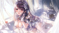Rule 34 | 1girl, :d, absurdres, arm support, armor, bed sheet, black hair, blue ribbon, blush, bow, braid, breasts, brooch, candle, candlestand, chain, cleavage, curtains, desk, dress, flower, frills, gloves, hair bow, hair flower, hair ornament, hair ribbon, hairband, hand up, high heels, highres, indoors, jewelry, large breasts, leaning forward, long hair, looking at viewer, mirror, multicolored hair, nijisanji, on bed, one side up, open mouth, pauldrons, petals, pink hair, rabbit hair ornament, red eyes, ribbon, short dress, shoulder armor, side braid, single braid, single pauldron, sitting, smile, solo, spiked hairband, spikes, streaked hair, suitcase, virtual youtuber, white dress, white footwear, white gloves, white hair, white legwear, window, windowsill, wooden floor, yahiro (heartseek000), yokozuwari, yorumi rena, yorumi rena (8th costume)