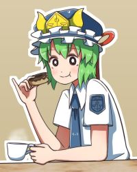 Rule 34 | 1girl, :t, alison, alison (alison airlines), black eyes, coffee, coffee mug, contemporary, cup, doughnut, eating, food, green hair, hat, mug, necktie, pinky out, police, police badge, police uniform, shiki eiki, shirt, short hair, simple background, solo, steam, table, touhou, uniform