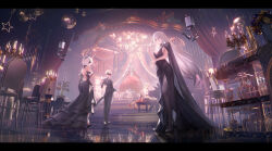 Rule 34 | 2boys, 4girls, absurdres, adam (nier:automata), backless dress, backless outfit, bare arms, black border, black dress, black footwear, black hairband, black jacket, black pants, black pantyhose, black sleeves, black vest, border, breasts, character request, checkered floor, cleavage, closed mouth, collared shirt, covered eyes, cup, dress, evening gown, glasses, gradient hair, grey hair, hair between eyes, hairband, high heels, highres, holding, holding cup, instrument, jacket, large breasts, layered dress, letterboxed, long hair, looking at viewer, moubei, multicolored hair, multiple boys, multiple girls, music, nier:automata, nier (series), open clothes, open jacket, pants, pantyhose, playing instrument, pumps, red dress, red footwear, shirt, short hair, short sleeves, side slit, sideboob, sitting, skirt hold, sleeveless, sleeveless dress, small breasts, smile, very long hair, vest, white hair, white shirt, wing collar, 2b (nier:automata), 9s (nier:automata), a2 (nier:automata)