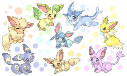 &gt;:) :3 :o black_fur blue_eyes brown_eyes brown_fur chibi choko_(sweetpocket) closed_eyes commentary_request creature_focus creatures_(company) eevee espeon flareon full_body game_freak gen_1_pokemon gen_2_pokemon gen_4_pokemon glaceon happy jolteon leafeon light_blush looking_at_another lying nintendo no_humans on_stomach open_mouth pokemon pokemon_(creature) polka_dot polka_dot_background purple_fur red_eyes serious sitting smile umbreon v-shaped_eyebrows vaporeon yellow_fur