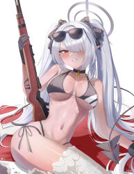 Rule 34 | 1girl, absurdres, bikini, black bikini, black bow, black choker, black gloves, blue archive, blush, bow, breasts, choker, clenched teeth, dark-skinned female, dark skin, demon girl, demon tail, embarrassed, eyewear on head, gangbyeon, gloves, groin, gun, hair bow, hair over one eye, halo, hand up, highres, holding, holding gun, holding weapon, iori (blue archive), iori (swimsuit) (blue archive), long hair, looking at viewer, medium breasts, multi-strapped bikini bottom, navel, nervous, open mouth, red eyes, side-tie bikini bottom, sitting, solo, stomach, striped bikini, striped clothes, sunglasses, swimsuit, tail, teeth, twintails, very long hair, weapon, weapon behind back, white hair
