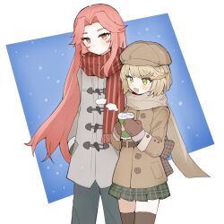 Rule 34 | back bow, blonde hair, blush, bow, brown coat, coat, cup, green eyes, grey coat, hat, heaven burns red, highres, holding, holding cup, irene redmayne, looking at another, maria de angelis, night, noire070, pants, pleated skirt, red scarf, scarf, short hair, skirt, snow, yuri