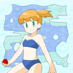 Rule 34 | 1girl, asymmetrical hair, bandeau, bare shoulders, bikini, blue bikini, blush, breasts, cowboy shot, creatures (company), female focus, game freak, green eyes, gym leader, holding, holding poke ball, looking at viewer, misty (pokemon), navel, nintendo, orange hair, poke ball, poke ball (basic), pokemon, pokemon rgby, ponytail, short hair, side ponytail, small breasts, smile, solo, swimsuit, water