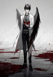 Rule 34 | 1boy, belt, black hair, black wings, blood, blood on clothes, blood on face, bloody wings, book, closed eyes, collared shirt, highres, holding, holding book, holding sword, holding weapon, horns, jacket, kim dokja, loafers, male focus, monochrome, necktie, omniscient reader&#039;s viewpoint, raining blood, reflection, sevenotsu, shirt, shirt tucked in, shoes, short hair, skeleton, skull, smile, solo, spoilers, spot color, sword, weapon, white jacket, wings