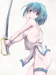 Rule 34 | 1girl, alternate costume, blue eyes, blue hair, bottomless, breasts, fortissimo, from side, garter belt, gloves, hair ornament, highres, holding, holding sword, holding weapon, looking at viewer, mahou shoujo madoka magica, marutaya, medium breasts, miki sayaka, musical note, musical note hair ornament, no nose, open mouth, short hair, sideboob, simple background, standing, sword, toga, weapon, white background, white gloves