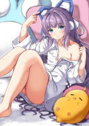 Rule 34 | 1girl, absurdres, animal, arm up, azur lane, bare shoulders, bird, blue eyes, blush, chick, closed mouth, collared shirt, commentary request, dress shirt, feet out of frame, hand up, highres, knees together feet apart, knees up, long hair, long sleeves, looking at viewer, manjuu (azur lane), moyoron, naked shirt, off shoulder, official alternate costume, purple hair, shirt, smile, solo, tashkent (azur lane), tashkent (the blue snoozer) (azur lane), very long hair, white shirt