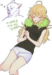 Rule 34 | 1girl, :p, ahoge, artist name, artist self-insert, bad id, bad pixiv id, blonde hair, closed eyes, fictional persona, hoshii miki, idolmaster, idolmaster (classic), korean text, long hair, neck pillow, rod (rod4817), shirt, shorts, simple background, t-shirt, tongue, tongue out, translation request, white shorts, zzz