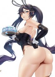 Rule 34 | 1girl, absurdres, ass, black hair, bottomless, breasts, detached collar, genshin impact, hakua (hka art), hand on own hip, highres, huge ass, large breasts, leotard, looking back, mona (genshin impact), parted lips, plate, playboy bunny, primogem, rabbit ears, sideboob, smile, twintails, white wrist cuffs, wrist cuffs