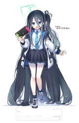Rule 34 | 1girl, absurdly long hair, aqua halo, aris (blue archive), black hair, black hairband, black skirt, black socks, blue archive, blue eyes, blue necktie, blush, collared shirt, commentary request, commission, full body, hairband, halo, handheld game console, highres, holding, holding handheld game console, jacket, long hair, long sleeves, multicolored clothes, multicolored jacket, necktie, nintendo switch, one side up, open clothes, open jacket, open mouth, pleated skirt, rectangular halo, ringed eyes, shirt, shoes, simple background, skirt, smile, socks, solo, two-tone jacket, very long hair, white background, white footwear, white jacket, white shirt, yun (dust-i1)