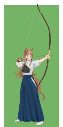 Rule 34 | 1girl, absurdres, aidaho, alternate costume, animal ears, archery, archery shooting glove, arrow (projectile), blue eyes, blue hakama, border, bow, bow (weapon), brown gloves, brown hair, ear bow, full body, gloves, grass wonder (umamusume), green background, hakama, highres, holding, holding arrow, holding bow (weapon), holding weapon, horse ears, horse girl, horse tail, japanese clothes, kyuudou, long hair, multicolored hair, muneate, partially fingerless gloves, partly fingerless gloves, simple background, single glove, socks, solo, streaked hair, tail, two-tone hair, umamusume, weapon, white border, white hair, white socks, yugake