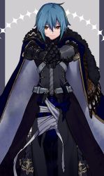 Rule 34 | 1girl, armor, bandages, belt, blue cape, blue hair, bob cut, brown eyes, cape, closed mouth, faulds, feather boa, female focus, final fantasy, final fantasy xiv, gauntlets, hair between eyes, highres, konbumeshi, looking at viewer, planted, scar, scar on face, scar on nose, solo, sword, weapon