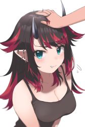 Rule 34 | 1girl, 1other, nanashi inc., alternate costume, black hair, black tank top, blue eyes, blush, breasts, cleavage, closed mouth, commentary request, demon girl, demon horns, ear piercing, fang, flying sweatdrops, headpat, highres, horns, large breasts, long hair, looking at viewer, multicolored hair, piercing, red hair, ryugasaki rene, shiny skin, simple background, smile, solo focus, sugar lyric, tank top, two-tone hair, upper body, virtual youtuber, white background, zono (inokura syuzo029)