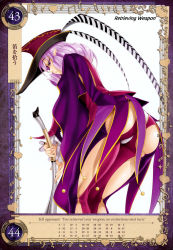 Rule 34 | 1girl, ass, cape, cle masahiro, curly hair, despina (queen&#039;s blade), dutch angle, from behind, hat, highres, instrument, long hair, long sleeves, non-web source, pointy ears, purple eyes, purple hair, queen&#039;s blade, queen&#039;s blade grimoire, revealing clothes, simple background, solo, white background